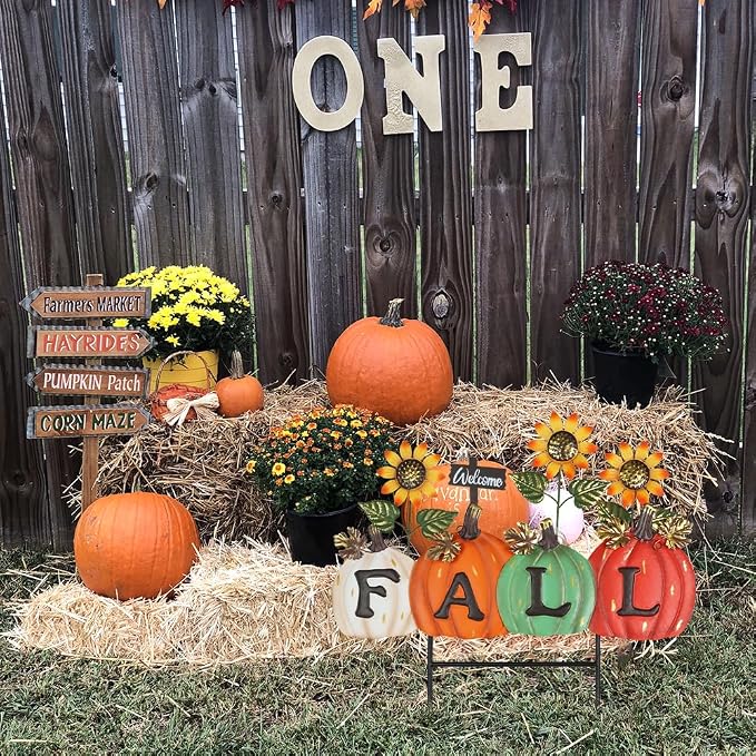 YEAHOME Fall Decorations Outdoor, Fall Letter Pumpkin Decorative Garden Stakes with Sunflower for Fall Decor, Metal Yard Signs for Home Outside Garden Lawn Porch Thanksgiving Decorations