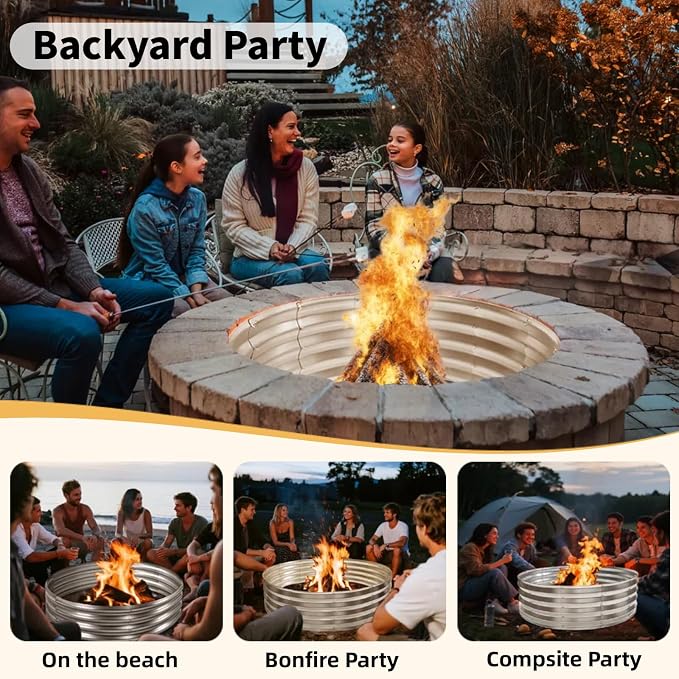 36 Inch Round Fire Pit Ring, Heavy-Duty Galvanized Steel Fire Ring for Outdoor Bonfires, Backyard & Camping, Rust-Resistant & Easy Assembly (3×3×1 FT)
