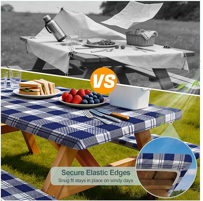 Play Tailor Picnic Table Cover with Bench Covers Camping Essentials Waterproof Windproof Camping Tablecloth with Drawstring Bag, Fitted Rectangle Tables and Seats, 96in, Blue Checkered