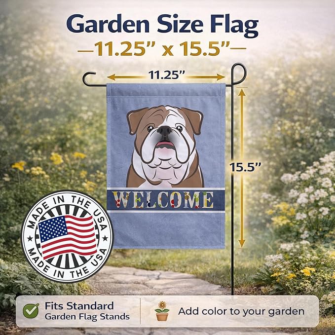 Caroline's Treasures BB1405GF English Bulldog Welcome Garden Flag, Blue Mailbox Flag Decorative Yard Flag Banner Outside Patio Artwork Yard Flower Beds, Garden Size, Multicolor