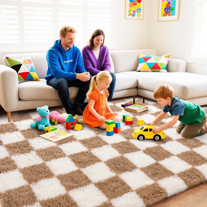 Rugs for Bedroom, 4x6 Fluffy Fuzzy Shag Checkered Area Rug for Living Room, Modern Plush Soft Upgrade Non-Slip Carpet for Kids Girls and Boys Room Dorm Nursery Home Decor, Cream and Beige