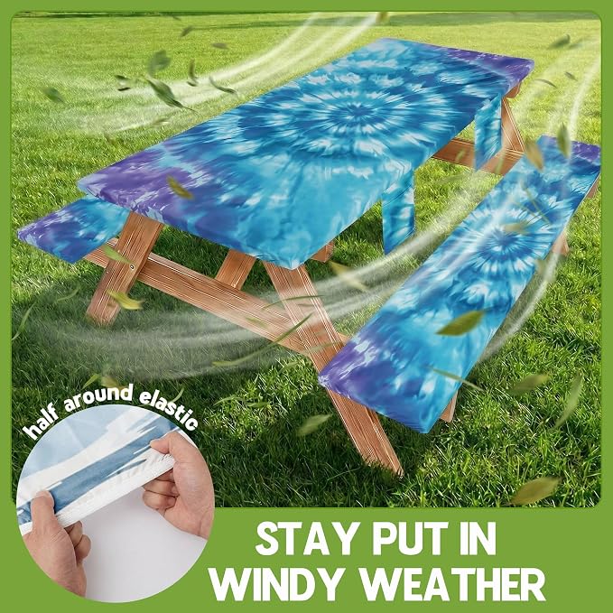 Fitted Picnic Table Cover with Bench Covers Vinyl Waterproof Elastic Edges Fitted Rectangle Table Cloth Patio Tablecloth Camping Gear Essentials Rv Accessories Road Trip Supplies Car Travel Must Have