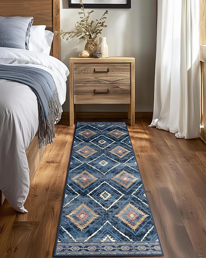 2'x6' Washable Area Rug for Living Room Runner Darkblue | Soft Western No Slip Low Pile Print Foldable Indoor Small Rug for Kitchen entrance entryway hallway