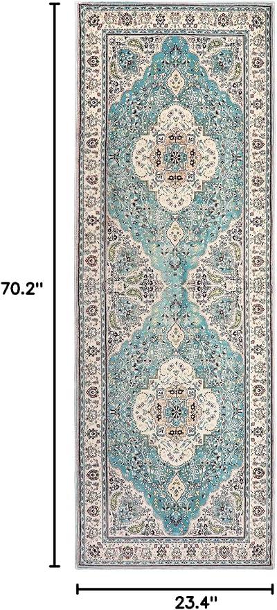 Lahome Felice Floral Medallion Runner Rug - 2x6 Hallway Bedside Turkish Throw Rug Runner Mat Soft Faux Wool Non-Slip Machine Washable Floor Carpet for Kitchen Laundry Bathroom, Sky/Baby Blue
