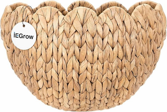 iEGrow Wicker Wall Basket, Scalloped Wall Basket Natural Water Hyacinth, Hanging Baskets for Organizing and Decor, Woven Storage Baskets for Door Mounted Entryway Flower Mail Plant Nursery
