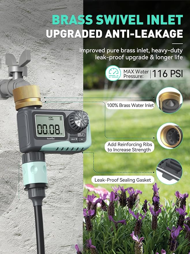 RAINPOINT 2-Pack Sprinkler Timer with Brass Swivel for Garden Hose, Programmable Hose Timer with Rain Delay/Manual Watering, Digital Irrigation System for Lawns, 1 Outlet
