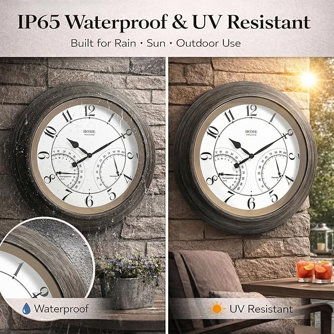 Pytha Sight 24 Inch Outdoor Clocks Waterproof, Large Easy-to-Read Illuminated Outdoor Wall Clock with Smart Light Sensor, Silent Large Outdoor Clock for Patio, Pool,Porch,Garden,Backyard