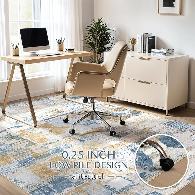 kakania Abstract 9x12 Area Rugs for Living Room: Washable Rugs Blue | Soft, Non-Slip, Low-Pile, Pet & Kid Friendly - Large Modern Home Decor Carpet for Bedroom/Dining Room/Office/Nursery