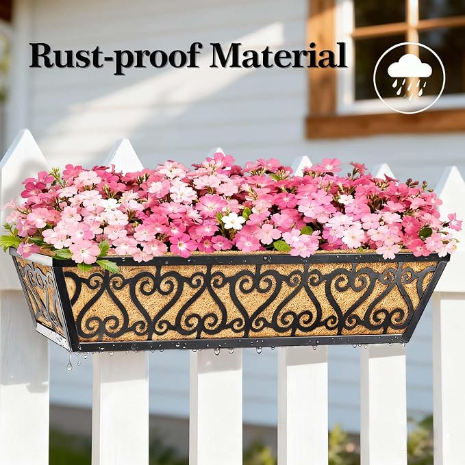 6 Pack 24 Inch Deck Railing Planter Box - Window Boxes Planters with Adjustable Brackets Coco Liners Balcony Planters Railing Hanging for Window Flower Boxes Outdoor Garden Decor