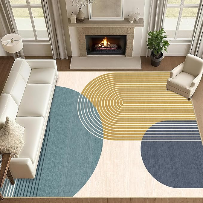 8x10 Large Area Rug for Living Room BohoRug Bohemian Rugs Machine Washable Modern Geometric Rug Non Slip Printed Low Pile Indoor Floor Carpet for Dining Room Bedroom Office,Blue