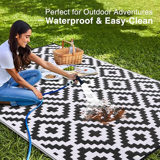 OLANLY Waterproof Outdoor Rug 8x10 ft, Outdoor Plastic Straw Rug for Camping, RV Mat Outside, Indoor Outdoor Carpet for Porch, Deck, Backyard, Balcony, Picnic, Black & White