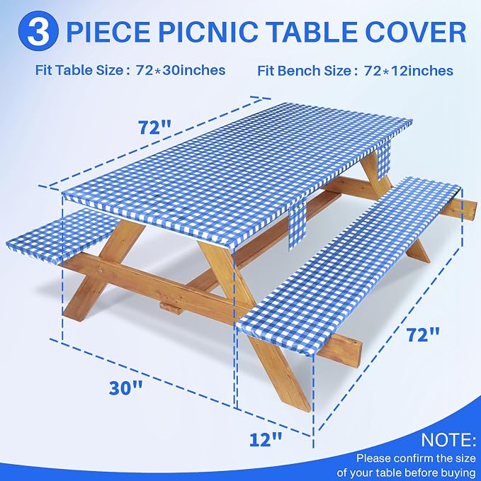 Jobunai Fitted Picnic Table Cover with Bench Covers Elastic Waterproof Outdoor Camping Tablecloth for 6 Ft Rectangle Tables Camper Summer Accessories Rv Car Essentials Vacation Gifts for Men Women