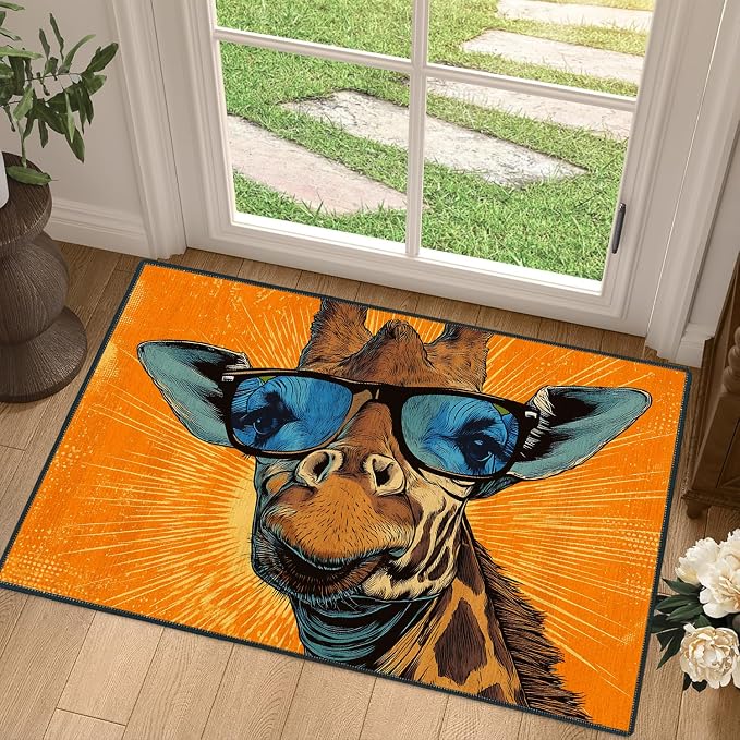 Cool Giraffe with Sunglasses 2x3 Entry Rug,Washable Small Rugs for Entryway Kitchen Bathroom Door Mat Indoor Entrance,Non Slip Rubber Backing, Stain & Fade Resistant,Fun Pop Art Decor