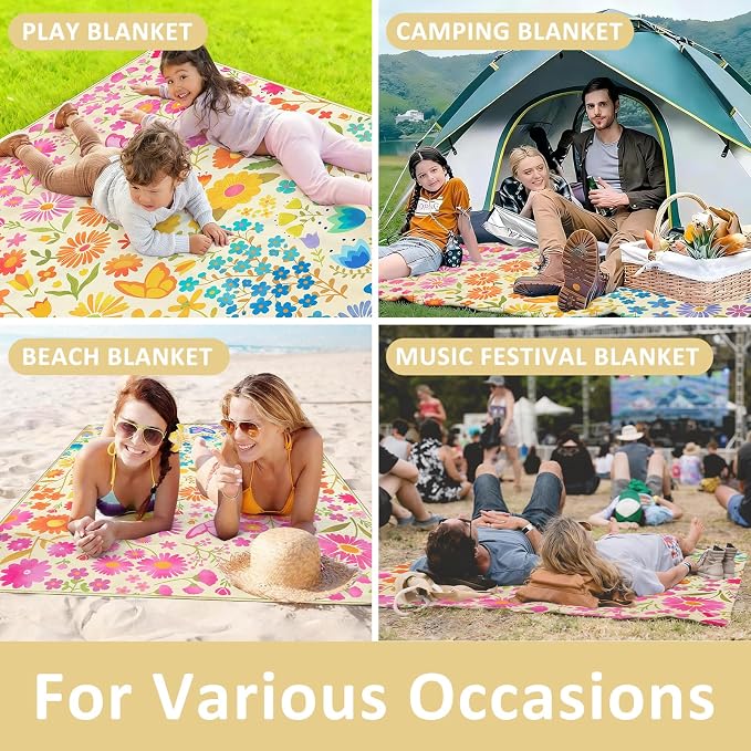 Floral Picnic Blankets Waterproof Foldable, 60″X80″ Packable Picnic Mat Flowers Outdoor Blanket for Grass, Large Beach Blanket Sandproof Picnic Accessories for Camping Music Festival Park Lawn Travel