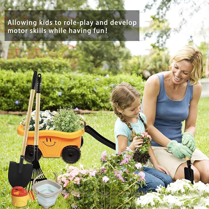 Toddlers Rake & Shovel Set with Wheelbarrow, Kids Yard Tools for Digging, Gardening, Beach, Sandbox, Lawn, Camping, Summer Outdoor Garden Toys Gifts for Children Age 3-6 Years Old