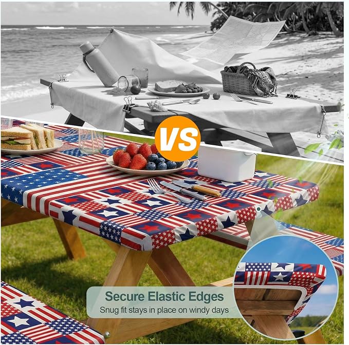 Play Tailor Picnic Table Cover with Bench Covers Camping Essentials Waterproof Windproof Camping Tablecloth with Drawstring Bag, Fitted Rectangle Tables and Seats, 72in, Red Blue Checkered