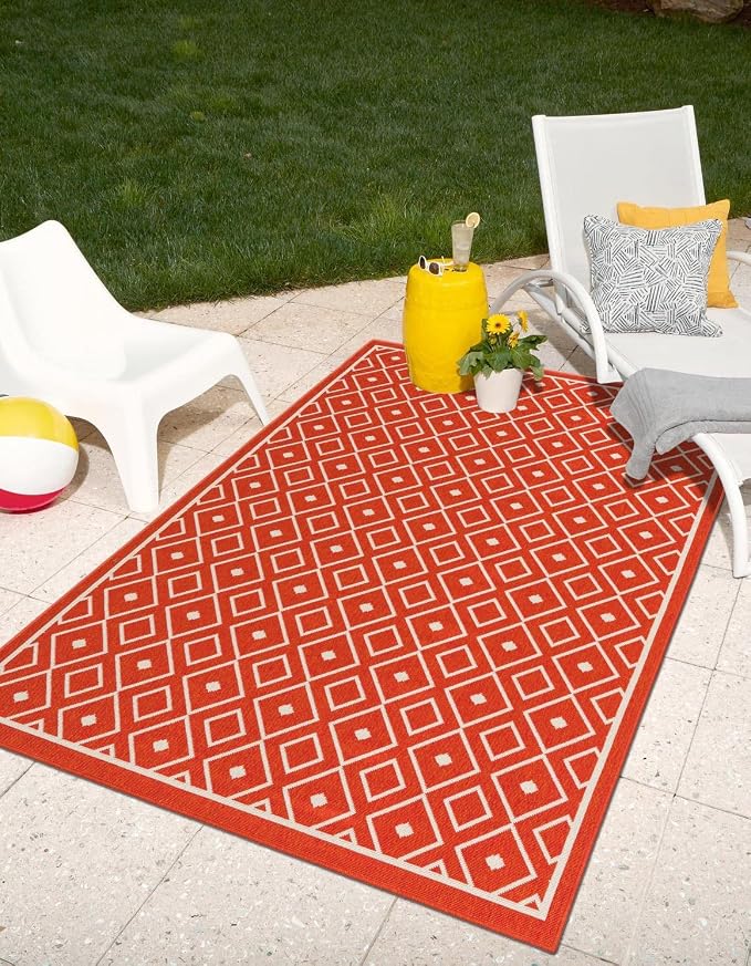 Unique Loom Outdoor Trellis Collection Area Rug - Kafes (5' 3" x 8' Rectangle, Rust Red/ Ivory)