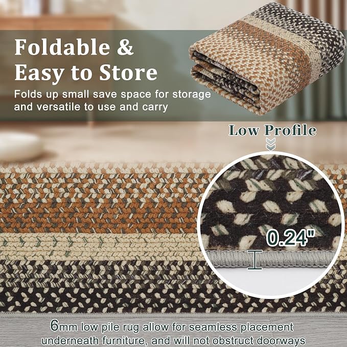 RUGSREAL Large Living Room Area Rug 10x13 Braided Washable Rug Non Slip | Bedroom Carpet Stain Resistant Dining Room Braid Printed Farmhouse Accent Throw Rug for Home Decor Office, Sand/Bronze