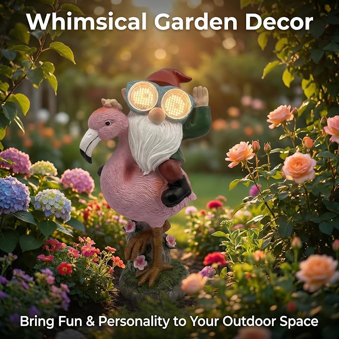iStatue Solar Flamingo Gnome Garden Statue with Blinking LED Goggles, Funny Solar Garden Decor Outdoor Lawn Ornament Unique Birthday Gifts for Mom Women Dad Men (Multicolor)