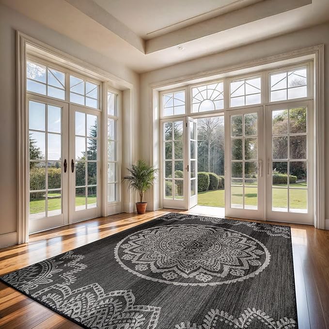 CAMILSON Outdoor Rug 8x10 Modern Area Rugs for Indoor and Outdoor Patios and Porches - Waterproof, Non-Shedding, Easy-to-Clean Outside Carpet (8 x 10, Medallion - Dark Grey/Light Grey)