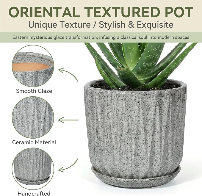 7.5 Inch Ceramic Planter Pot with Saucer Drainage Leak-Proof Mesh,Flower Pots for Indoor Plants with Gardening Gloves,Ceramic Planter(Stone Grey)