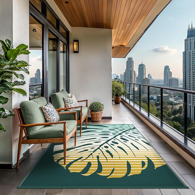 GENIMO Outdoor Rug 6' x 9' Waterproof for Patio Clearance, Reversible Plastic Straw Camping Mat, Lightweight Carpet for Rv, Camper, Deck, Porch, Picnic, Balcony, Beach, J.Yellow & Green