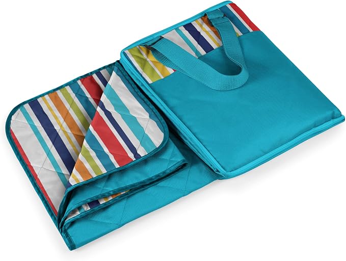 ONIVA - a Picnic Time brand - Vista Outdoor Picnic Blanket & Tote - Beach Blanket - Camping Blanket, (Fun Stripe Pattern with Aqua Blue Exterior), 16 x 11 x 3
