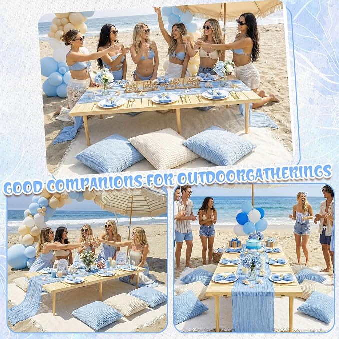 Beeveer 14 Pack Picnic Kit 91x71 Inch Extra Large Outdoor Boho Picnic Blanket with Light Blue Table Runner, 6 Throw Pillow Cover 6 Napkin Woven Cotton Yarn Washable Beach Blanket for Camp Wedding