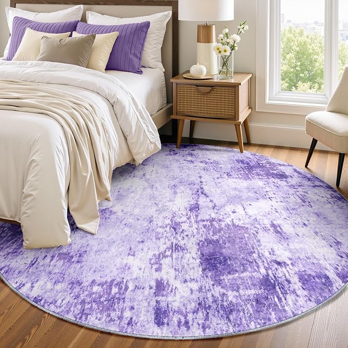 RELEANY Washable Round 6ft Area Rug for Living Room Purple | Carpet for Bedroom, Kitchen, Office, Hallway and Entryway, Printed Pattern, Non‑Slip, Soft, Stain‑Resistant, Easy to Clean