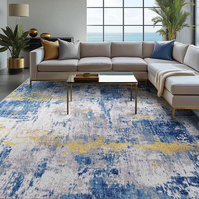 RELEANY Washable 10'x12' Abstract Area Rug for Living Room Blue Gold | Carpet for Bedroom, Kitchen, Office, Hallway and Entryway, Printed Pattern, Non‑Slip, Soft, Stain‑Resistant, Easy to Clean