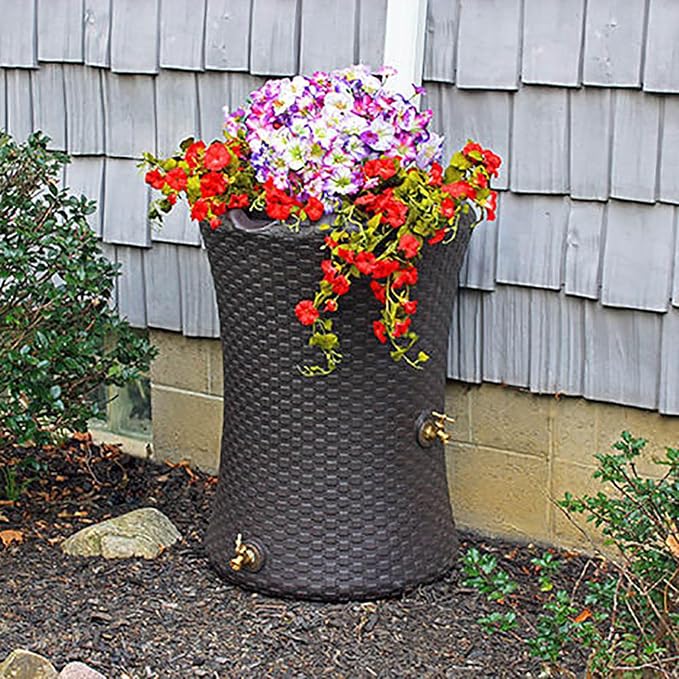 Good Ideas Impressions 50 Gallon Nantucket Outdoor Home Rain Barrel Water Storage Collector with Garden Planter and Brass Spigot, Dark Brown