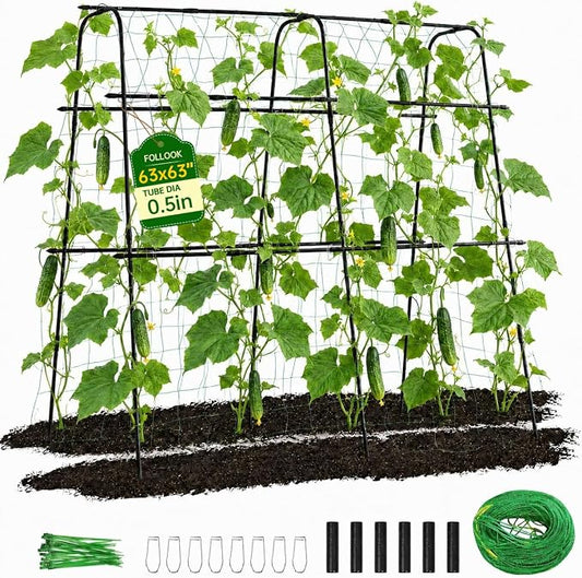 63x63 Cucumber Trellis for Raised Garden Bed, Garden Arch Trellis for Climbing Plants Outdoor, Metal Tomato Cage with Netting, Adjustable Plant Trellis for Tomatoes, Cucumbers, Beans, Peas,Black