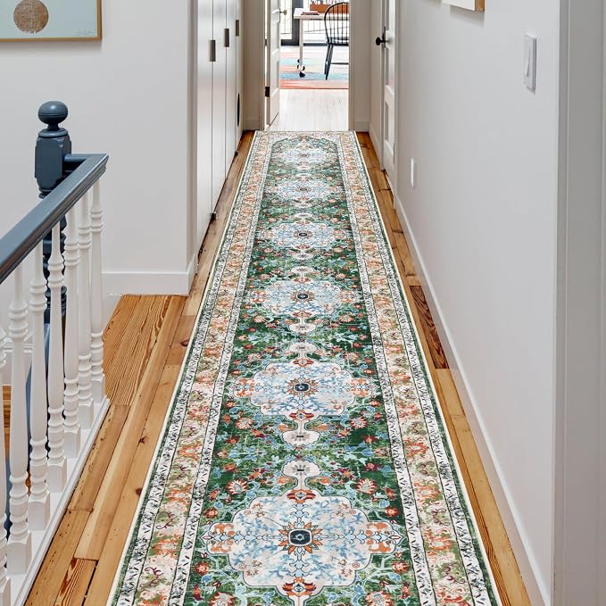 U'Artlines 2.6' x 20' Extra Long Boho Hallway Runner Rug, Green | Non Slip Washable Vintage Farmhouse Accent Area Rug Carpet for Kitchen Entryway Laundry and Living Room