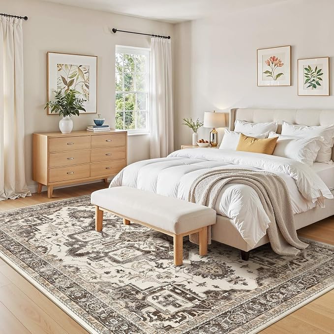 Vintage Washable 10x12 Area Rug for Living Room, Dark Brown | Soft Low Pile Rug with Non-Slip Backing, Stain Resistant for Bedroom or Dining Room, Kid & Pet Friendly