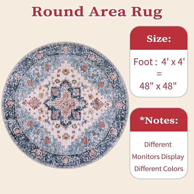 SERISSA 4ft Washable Non Slip Round Boho Area Rug for Bedroom，Blue Orange | Ultra Soft Vintage Oriental Carpet Low-Pile Tribal Circular Indoor Mat for Entryway Kids Room College Dorm Living Room