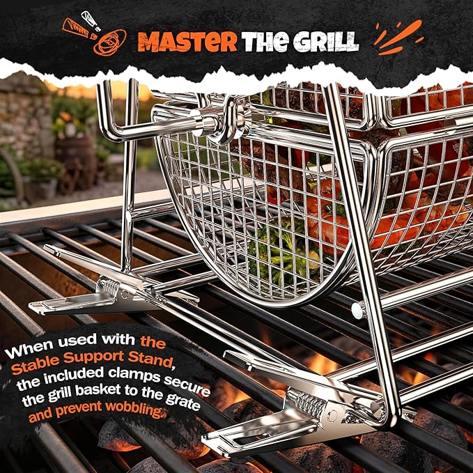 2-in-1 Rolling Grill Basket with Dual Handles, 304 Stainless Steel Rotatable BBQ Basket with Crank Handle & Straight Grip Handle, Grill Net for Vegetables, Shrimp & More, Gift Idea for Men, Dad, Husband
