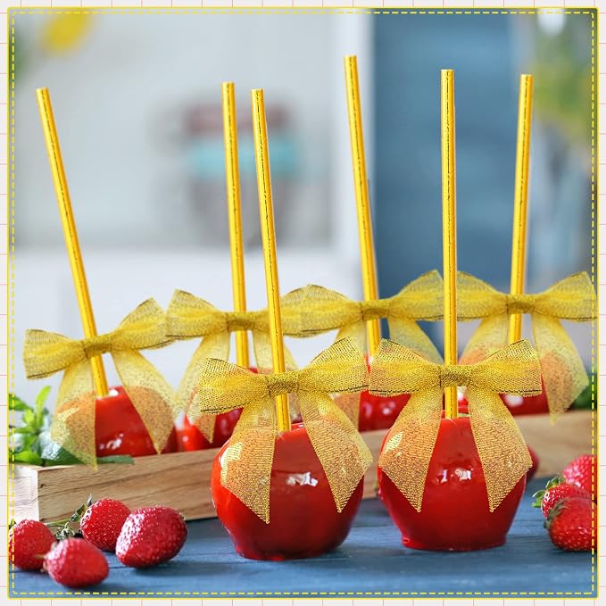 Jutom 200 Pcs Cake Pop Sticks and Bows Kit Include 100 Ribbon Twist Tie Bows 100 Paper Striped Straws for Cake Pops Candies Lollipops Chocolates Wedding Christmas Packaging Party Supplies(Gold)