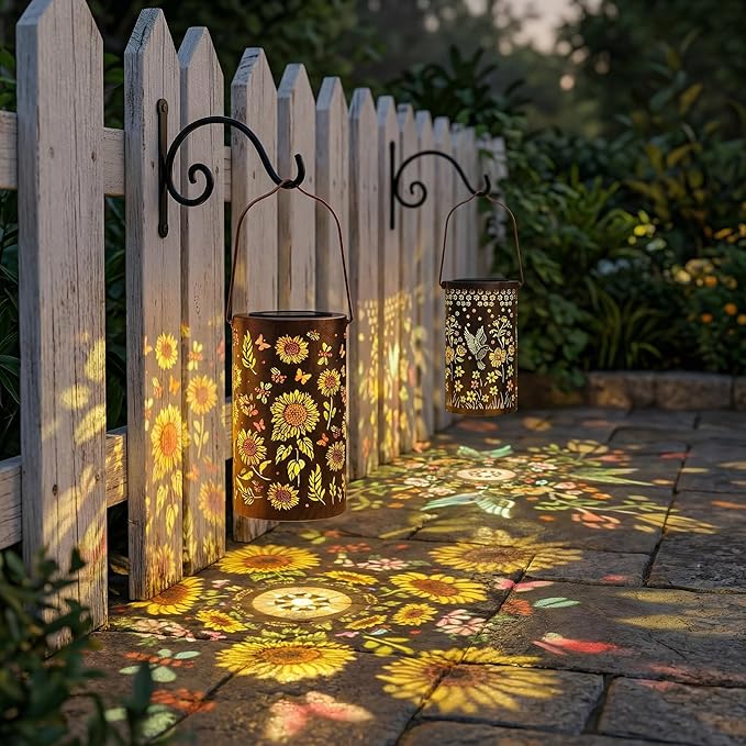 2 Pack Colorful Solar Lanterns Outdoor Waterproof, Garden Decor Gifts for Women Mom Grandma - LED Sunflower and Hummingbird Solar Powered Lights Metal Hanging Lantern for Outside Garden Patio Yard