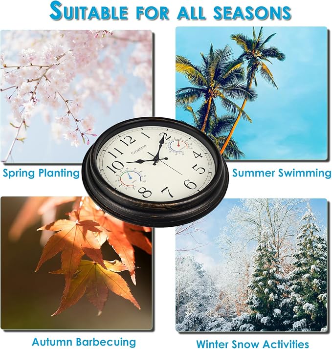 Crosstime 16 Inch Large Outdoor Clock Waterproof with Thermometer and Hygrometer Combo, Retro Indoor Outdoor Wall Clocks for Patio, Pool, Garden, Backyard Decor- Bronze