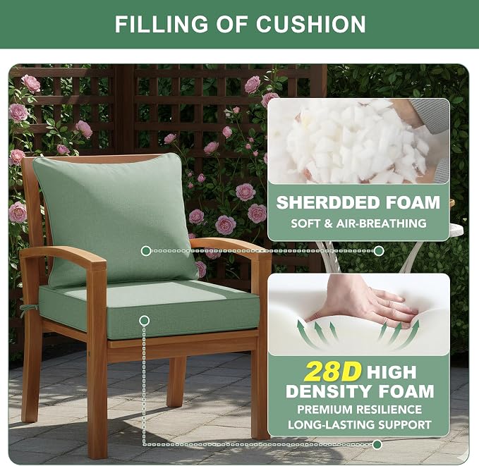 Summsun Outdoor Cushions for Patio Furniture, Faux Linen Water Resistant Backrest and Deep Seat Cushion Set with Removable Cover, Ties, Non-Slip Bottom, 22 x 22 Inch, Sage Green, Set of 2