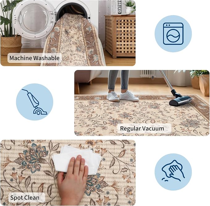 GarveeHome 8x10 Brown Washable Area Rug Living Room Bedroom Non Slip | Botanical Floral Print Rug Soft Floor Mat Carpet Indoor Thin Cottage core Rug for Dining Room Playroom Nursery Room