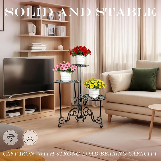 Cast Iron Plant Stand Indoor, 3 Tier Vintage Plant Shelf with Ornate Design, Heavy Duty Corner Plant Stand for House Decor, Ornament Display Stand for Plants