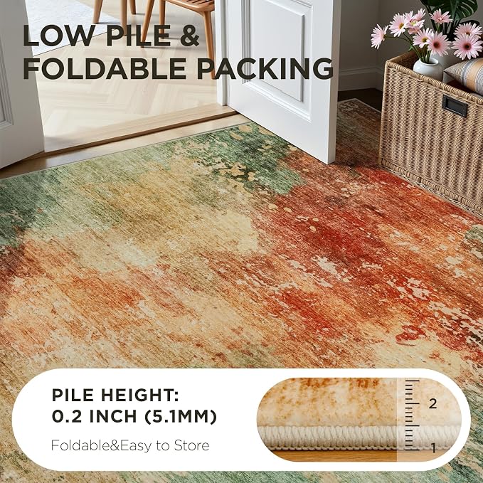 Joydeco 2x6 Washable Runner Rug for Hallway, Modern Abstract Non-Slip Soft Rugs, Low Pile Carpet for Entryway, Bedroom, Kitchen, Laundry, Green & Orange & White