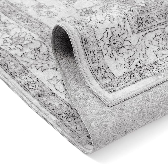 Grey 5x7 Washable Area Rug Living Room Vintage Oriental Carpet | Soft Low Pile, Non Slip, Stain Resistant, Floral Medallion, Neutral Retro Decor for Bedroom, Dining Room, Kids Room, Office