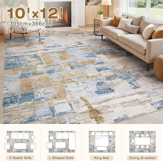 kakania Abstract 10x12 Area Rugs for Living Room: Washable Rugs Blue | Soft, Non-Slip, Low-Pile, Pet & Kid Friendly - Large Modern Home Decor Carpet for Bedroom/Dining Room/Office/Nursery