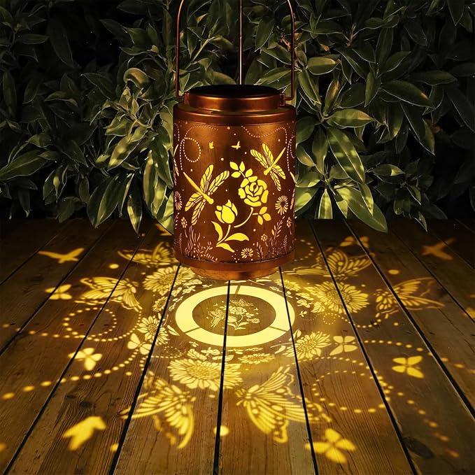 2 Pack Solar Lanterns Garden Decor Birthday Gifts for Women Mon Grandma Metal Hanging Solar Lights Waterproof Outdoor Decoration for Outside LED Lanterns for Yard (Dragonfly)