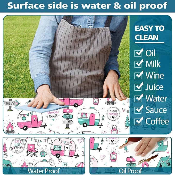 Picnic Table and Bench Covers Set Camping Essentials - Cute Pink Camper Adventure Waterproof Windproof Tablecloth, Camping Accessories with Drawstring Bag Fits for Camping Picnic, 30X96 inch