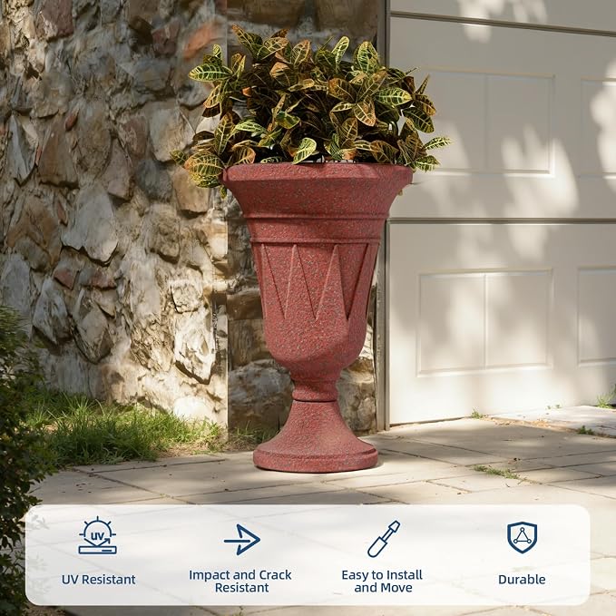 Tall Urn Planters for Outdoor Plants Set of 2-23.6" H Vintage Trophy Outdoor Planters for Porch Decor with Drainage Hole, Indoor Large Flower Pots, Pedestal Planter/Garden Vase, Brick Red
