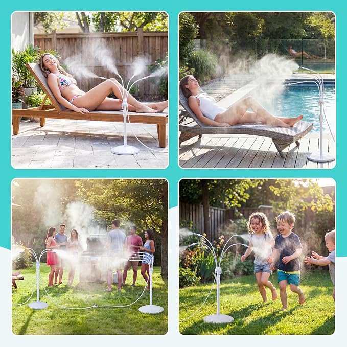 homenote Standing Misting Cooling System with Fillable Base, 26.2FT Water Line, Adjustable Height Standing Mister for Outside Patio Cooling, Pool Tanning, Garden Greenhouse Watering (White)