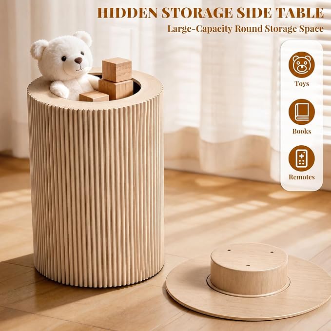 24" Fluted End Table Reversible, Hidden Storage, Natural Oak | Mid Century Modern Nightstand, Bedside Table, Cylinder Side Table, Pre-Threaded MDF, for Bedroom Living Room Office